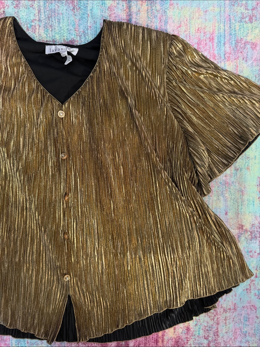 Lavani Gold Metallic Pleated Button Front Top